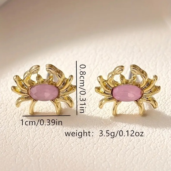 Cute Crab Earrings Dainty Pink Gold Stud Pierced Ears - Picture 4 of 5